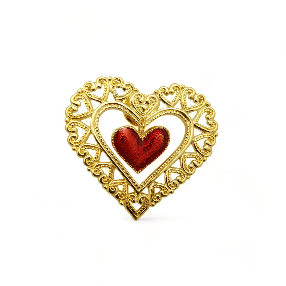 Vintage Avon Brooch Gold Tone Heart Dangling Red Enamel Heart Filigree Open Work